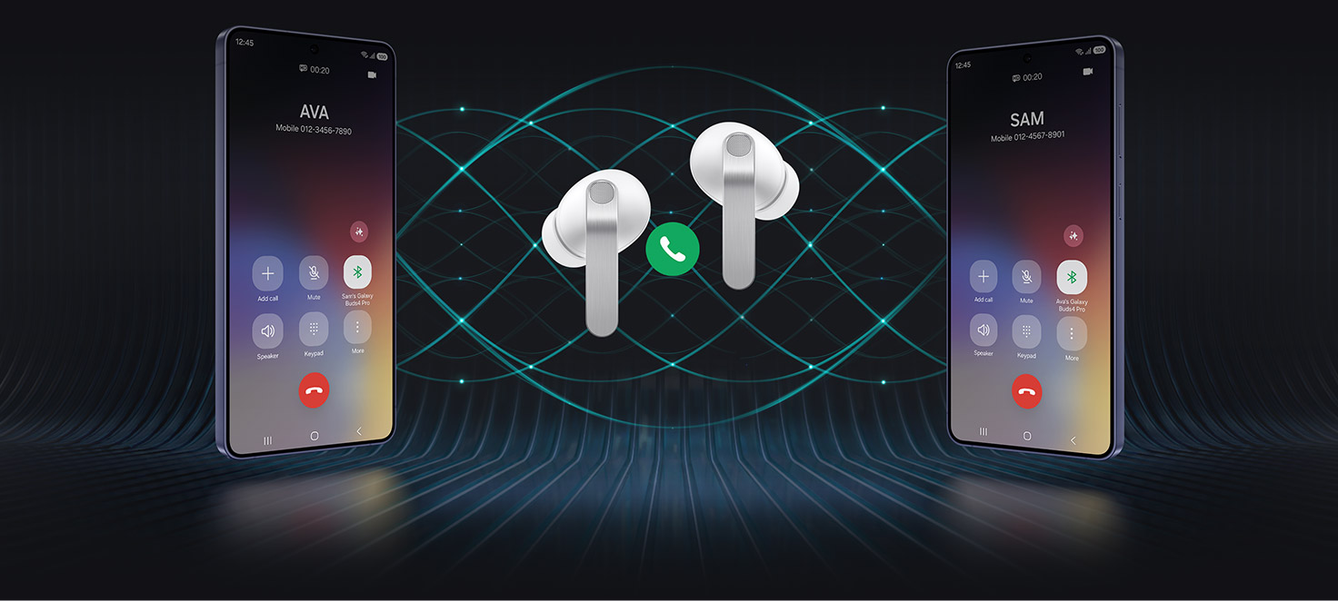 onde verdi che creano connessione tra due smartphone samsung galaxy s26, al centro gli auricolari galaxy buds4 pro