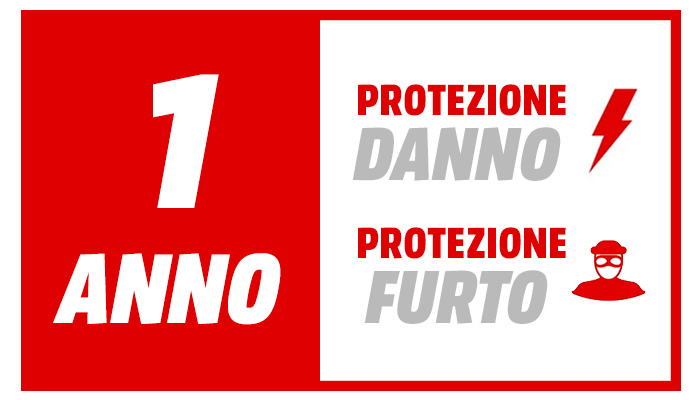Insegna con "1 anno" su sfondo rosso, e "Protezione danno" e "Protezione furto" su sfondo bianco con icone.