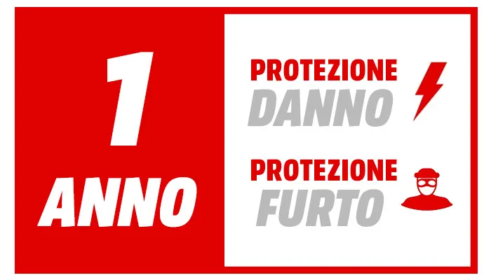 Logo bicolore. A sinistra, in rosso, "1 ANNO" in bianco. A destra, in bianco, "PROTEZIONE DANNO" e fulmine, poi "PROTEZIONE FURTO" e ladro in rosso.