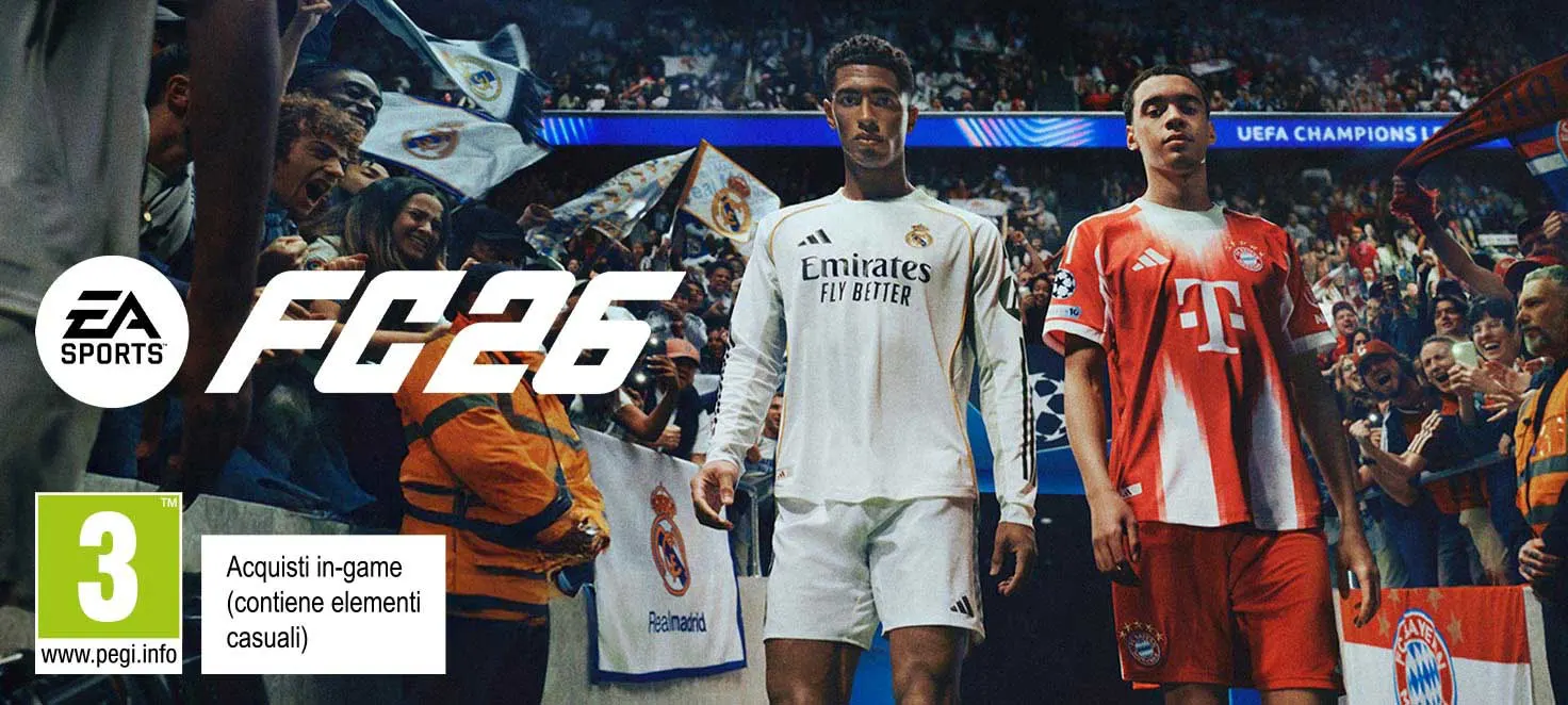 Copertina videogioco FC26 con giocatori Jude Bellingham e Jamal Musiala che avanzano su un campo di calcio