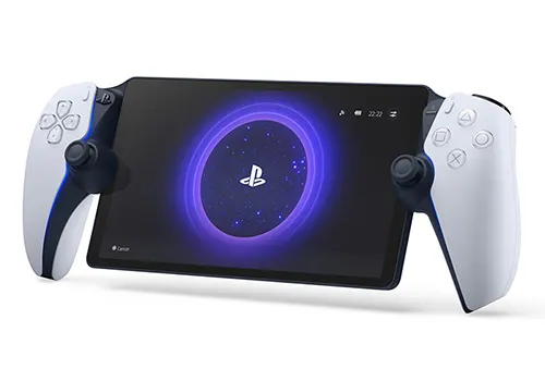 Ecco un dispositivo portatile con schermo nero, logo PlayStation e controller bianchi.
