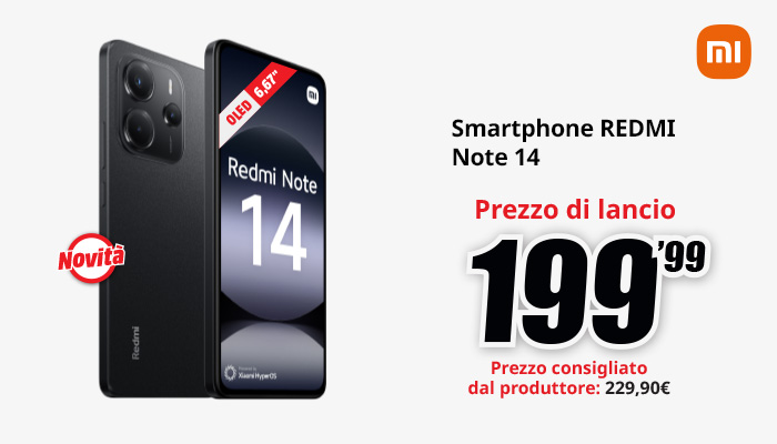 Due smartphone neri affiancati, uno con schermo acceso che mostra "Redmi Note 14". A destra, promo per lo smartphone a 199,99€.