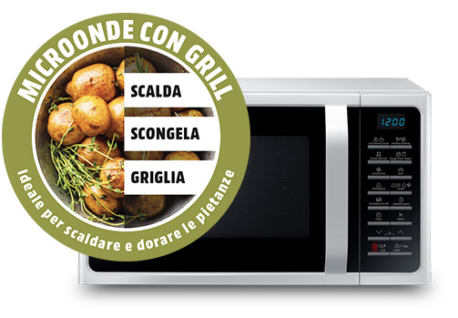 Microonde bianco con patate e erbe in un cerchio verde. Pannello di controllo nero a destra.