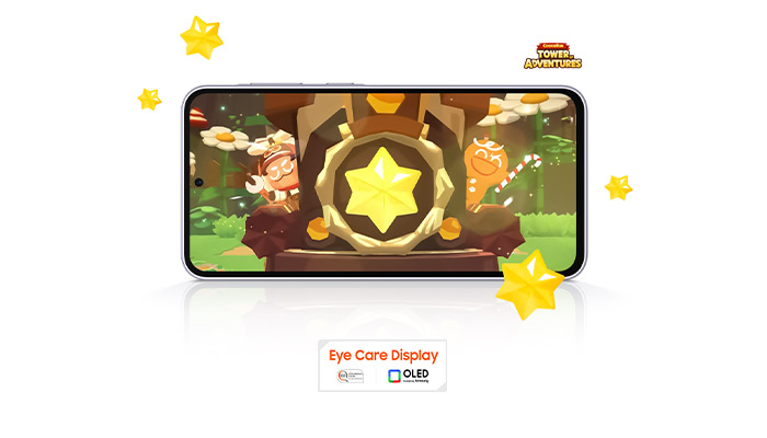 Schermo di smartphone che mostra un gioco colorato con stelle gialle fluttuanti. Logo "Tower Adventures" visibile.