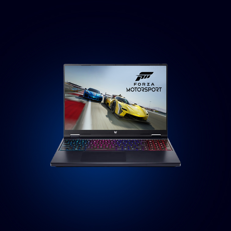 Un portatile mostra Forza Motorsport su uno sfondo blu sfumato. Si vedono auto da corsa gialle e blu.