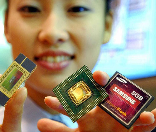 Donna che mostra tre chip: uno rettangolare verde e oro, uno quadrato verde e oro e una scheda Samsung rossa da 8 GB.