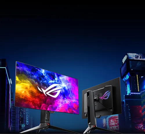 Due schermi neri mostrano loghi su uno sfondo blu con edifici illuminati. Lo schermo a sinistra mostra uno sfondo colorato.