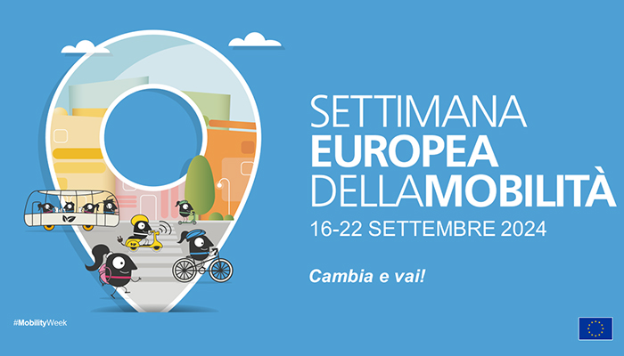 Locandina azzurra "Settimana Europea della Mobilità, 16-22 Settembre 2024". Icona luogo con bus, bici e scooter. Testo: "Cambia e vai!"