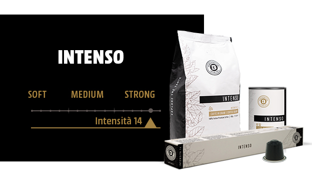 Confezioni di caff� "Intenso" con indicatore di intensit� 14. Sono inclusi una busta, un barattolo, una scatola e una capsula.