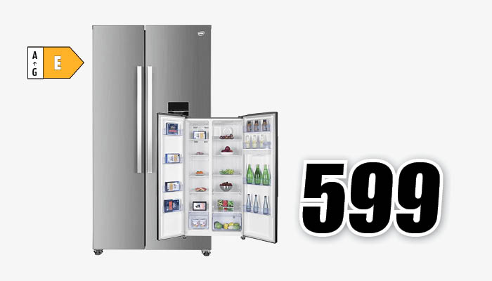 Frigorifero a due ante grigio con etichetta energetica e prezzo di 599 su sfondo bianco.