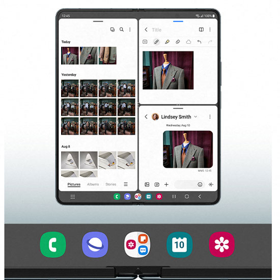 Schermo di telefono con app di foto aperta. Mostra immagini di abiti su manichini e icone di app in basso.