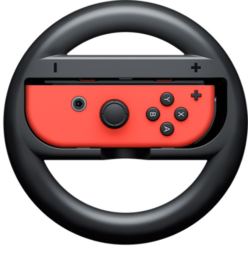 Volante nero con controller rosso per videogiochi al centro, con pulsanti neri.