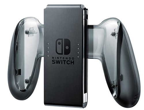 Dock Nintendo Switch nero con logo, affiancato da due controller trasparenti con impugnature ergonomiche.