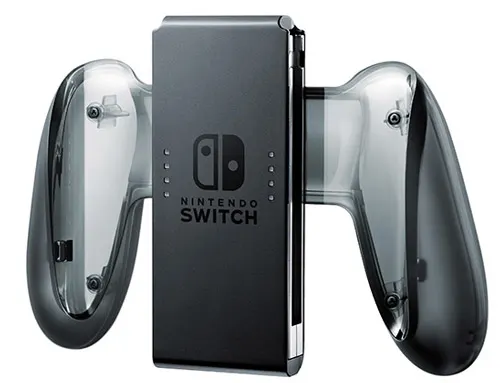Dock Nintendo Switch nero con logo, affiancato da due controller trasparenti con impugnature ergonomiche.