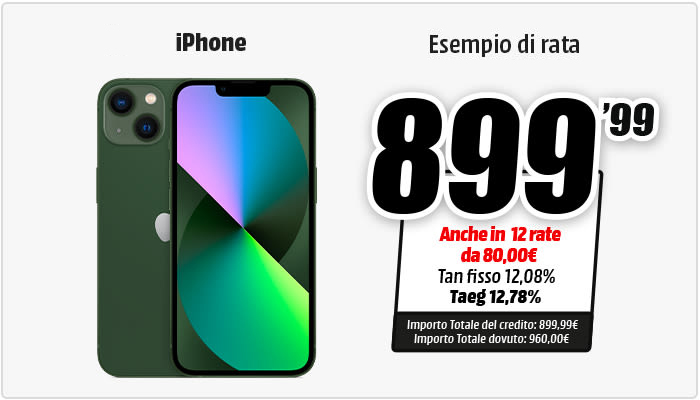 iPhone verde affiancato da un'offerta di prezzo di 899,99 euro con opzioni di rateizzazione.
