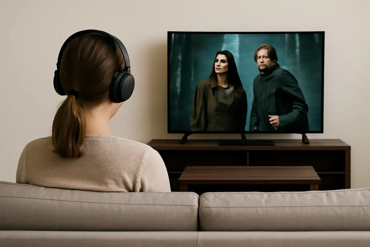 ragazza che collega le cuffie alla tv tramite le impostazioni dello smart tv