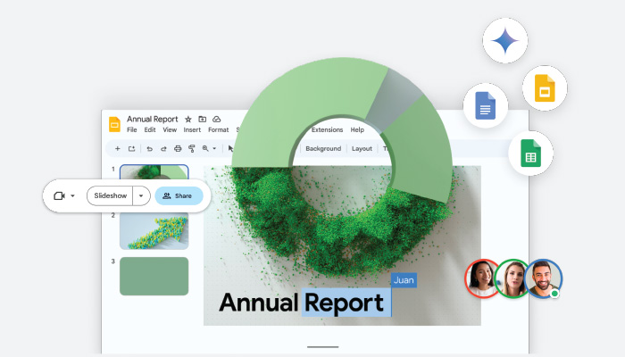 Schermata di Google Slides con report annuale, grafico a torta, opzioni di condivisione e icone di documenti.