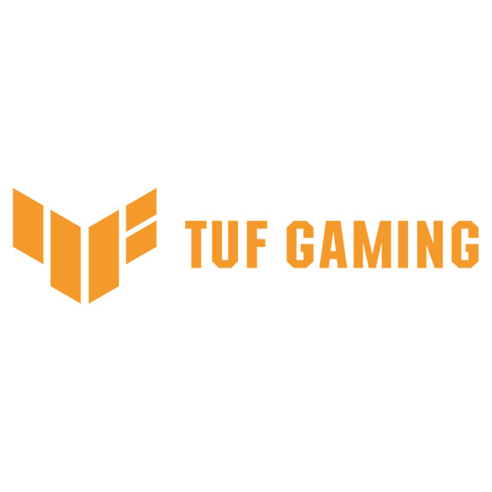 Logo giallo "TUF GAMING" su sfondo bianco, con un simbolo geometrico a sinistra.