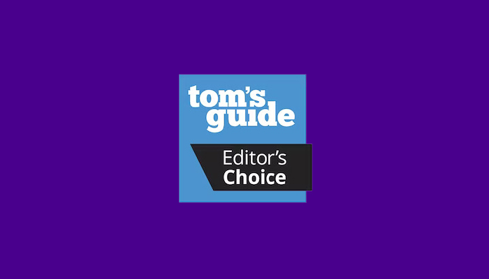 Logo "Tom's Guide Editor's Choice" su sfondo blu e nero, su sfondo viola.