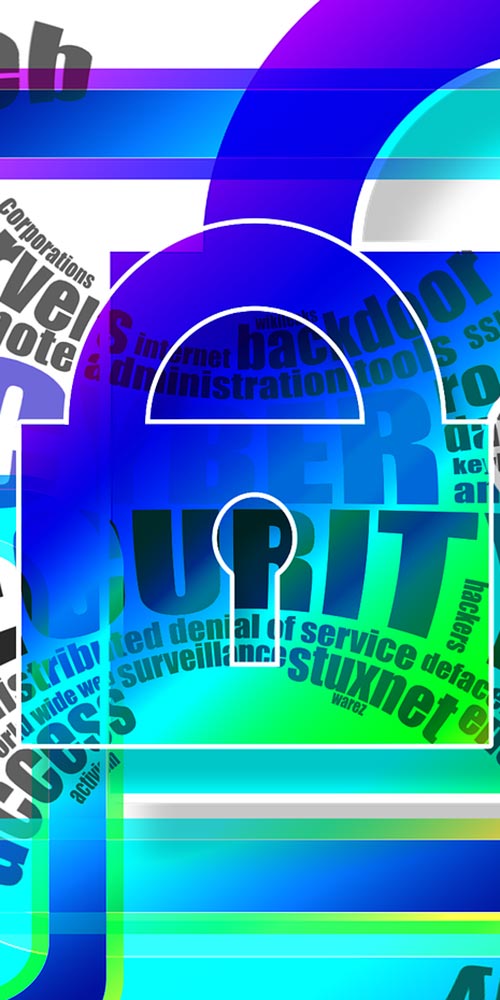 Un lucchetto stilizzato con parole come "sicurezza", "hacker" e "sorveglianza" su uno sfondo sfumato blu e verde.