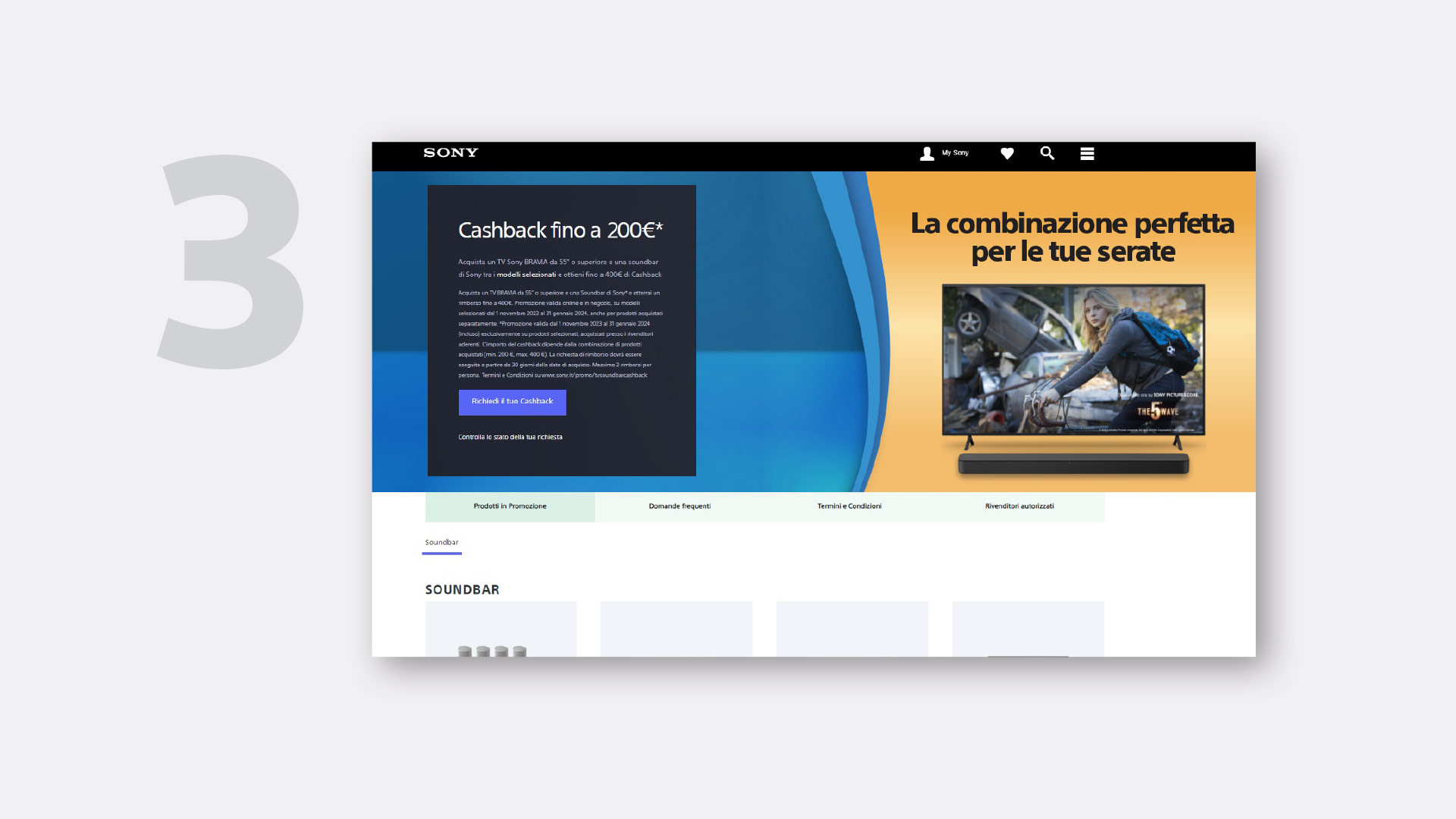 Sito web Sony con offerta cashback su TV e soundbar. In evidenza, combinazione perfetta per serate di visione. Sezione soundbar in basso.
