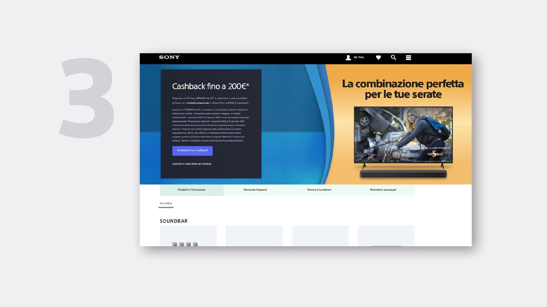 Sito web Sony con offerta cashback su TV e soundbar. In evidenza, combinazione perfetta per serate di visione. Sezione soundbar in basso.