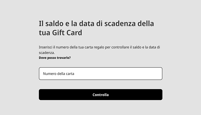 Pagina web per controllare saldo e scadenza di una gift card. Campi per inserire il numero e pulsante "Controlla".
