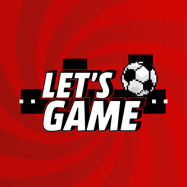 Testo con la scritta bianca "LET'S GAME" sovrapposta a elementi neri su sfondo rosso con un pallone da calcio.