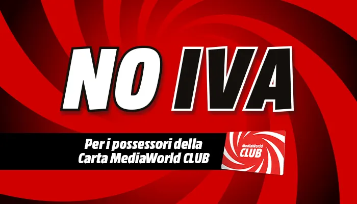 Sfondo rosso con spirali. Scritte "NO IVA" in bianco e nero. Banner nero con testo "Carta MediaWorld CLUB" e logo bianco/rosso.