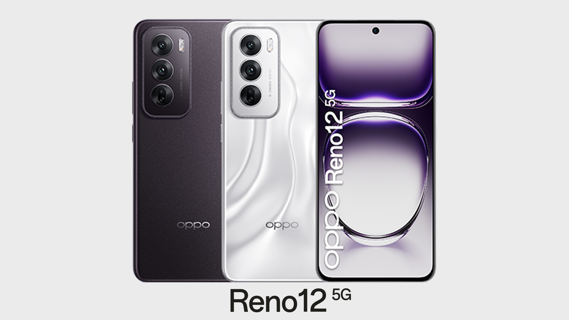 Tre telefoni Oppo Reno12 5G su sfondo grigio chiaro. I telefoni sono grigio scuro, bianco e con schermo viola e bianco.