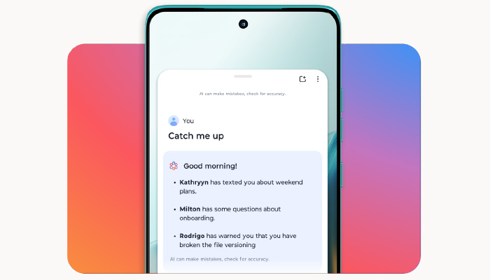 Smartphone con schermo che mostra messaggi. Sfondo con rettangoli sfumati rosa e blu.