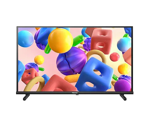 Schermo TV nero con sfondo di forme geometriche colorate come sfere, cubi e anelli su sfondo rosa.