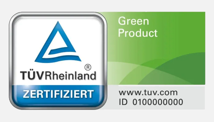 Logo TÜV Rheinland con triangolo blu, testo "ZERTIFIZIERT". A destra, "Green Product", sito web e ID su sfondo bianco.