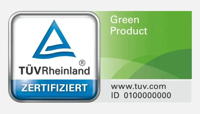Logo TÜV Rheinland con triangolo blu, testo "ZERTIFIZIERT". A destra, "Green Product", sito web e ID su sfondo bianco.
