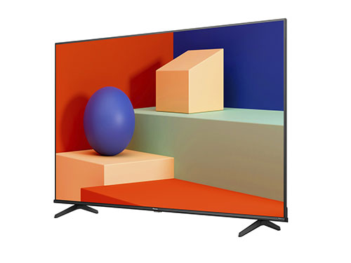 TV a schermo piatto con forme geometriche colorate. Sfondo arancione, blu, verde chiaro, con sfera blu e cubo beige.