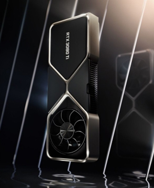 Scheda grafica nera e argento RTX 3080 Ti su sfondo scuro con linee diagonali riflettenti. Ventola visibile.