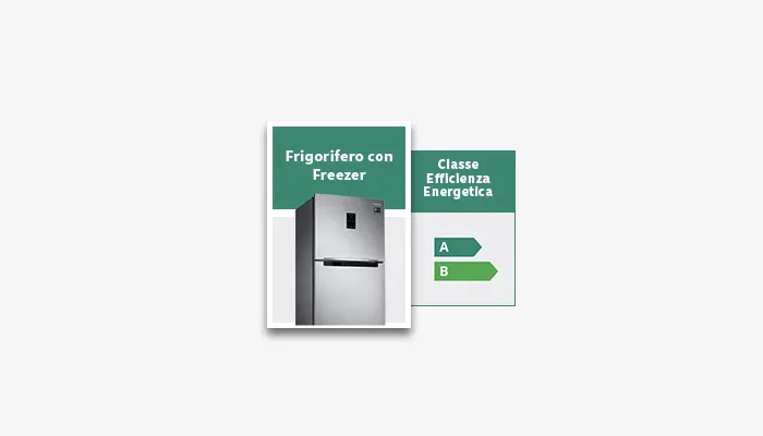 Frigorifero con freezer grigio accanto a tabella verde con classe energetica B, controllo temperatura e sistema no-frost.