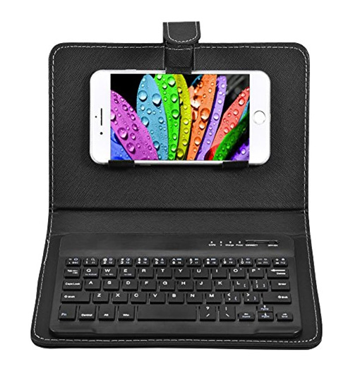 Custodia nera con tastiera e telefono bianco che mostra gocce colorate sullo schermo.