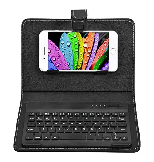 Custodia nera con tastiera e telefono bianco che mostra gocce colorate sullo schermo.