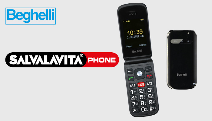 Due telefoni neri Beghelli, uno a conchiglia aperto con tastierino numerico e display che indica l'ora, e uno chiuso.