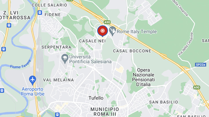 Mappa di Roma con strade gialle, aree verdi e punti di interesse come l'aeroporto Roma Urbe e Casale Nei.