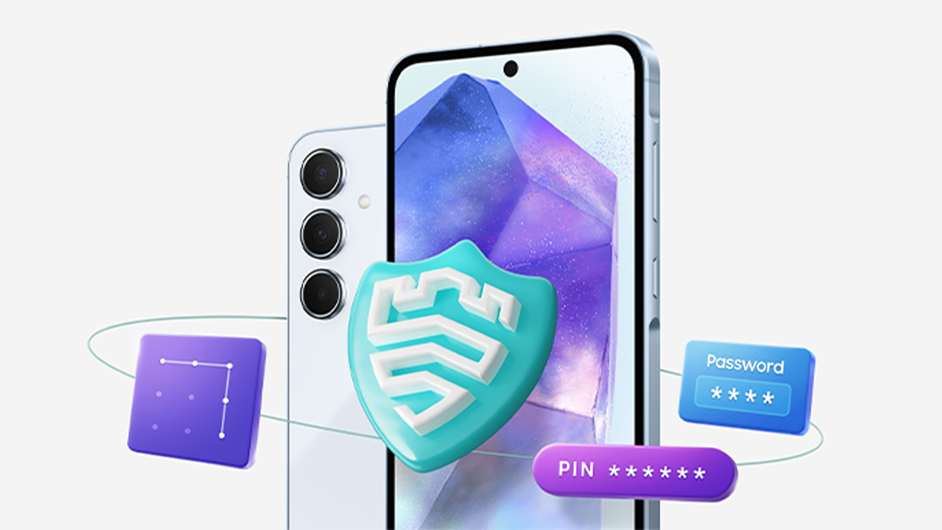 Due smartphone bianchi, uno con tre fotocamere posteriori. Scudo turchese, password blu, PIN viola, e blocco schermo viola.