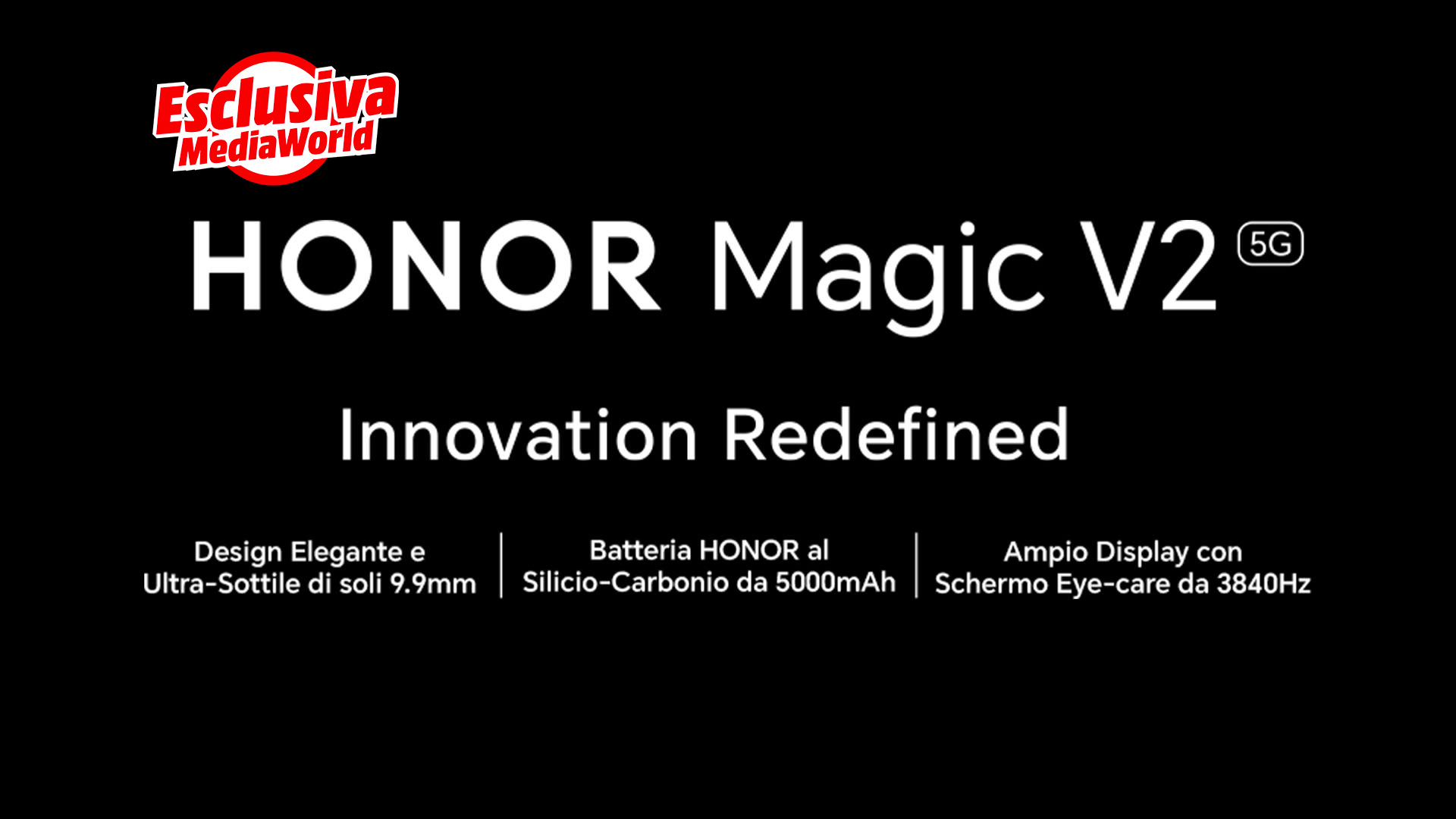 Sfondo nero con testo promozionale bianco per HONOR Magic V2 5G. Logo MediaWorld in alto a sinistra. Dettagli su design, batteria e display.