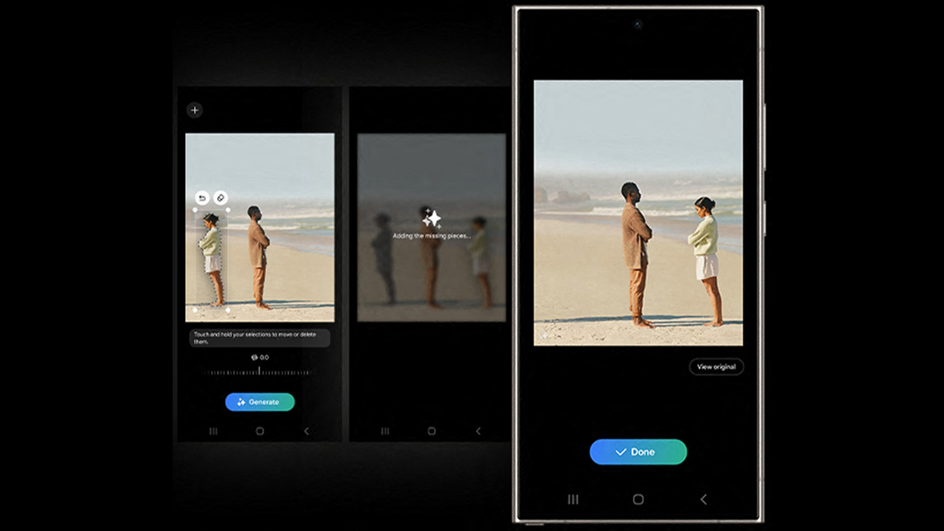 Ecco un'immagine di uno smartphone che mostra due persone su una spiaggia, con opzioni di modifica.