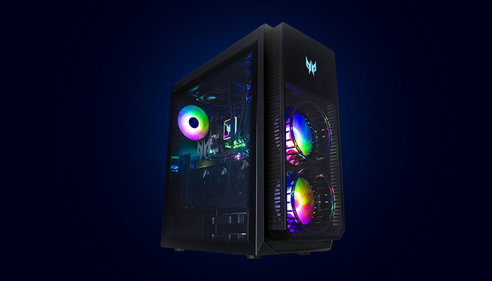 Case da computer nero con ventole arcobaleno su sfondo blu scuro.