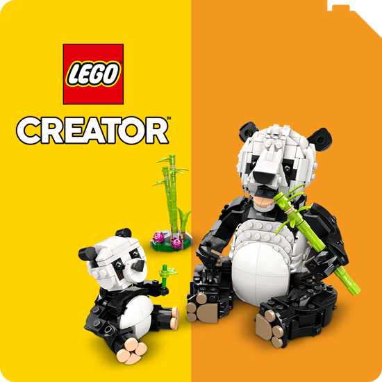 Set Lego Creator 3 in 1 con panda bianco/nero, bambù verde su base marrone. Fondo giallo e blu, logo Lego rosso.
