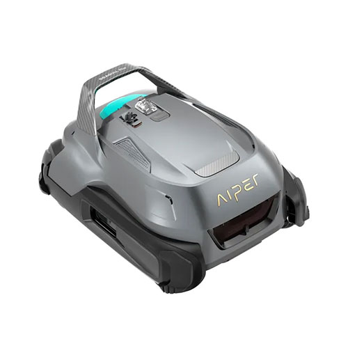 Tosaerba robotico grigio e nero con maniglia sulla parte superiore. Il logo "Aiper" � visibile sul davanti. Lo sfondo � bianco.