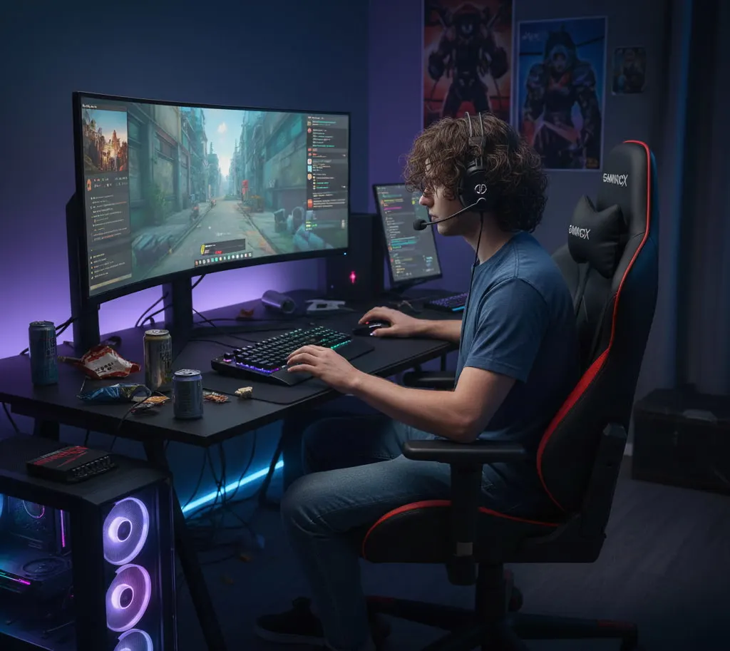 ragazzo seduto su una sedia da gaming con led accesi