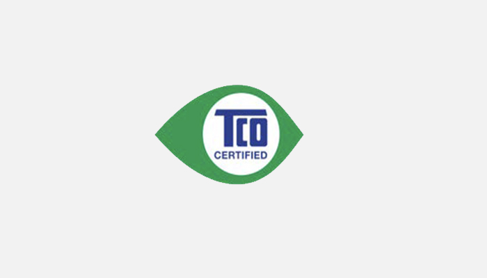 Logo TCO Certified, occhio verde con testo blu "TCO CERTIFIED" su sfondo bianco.