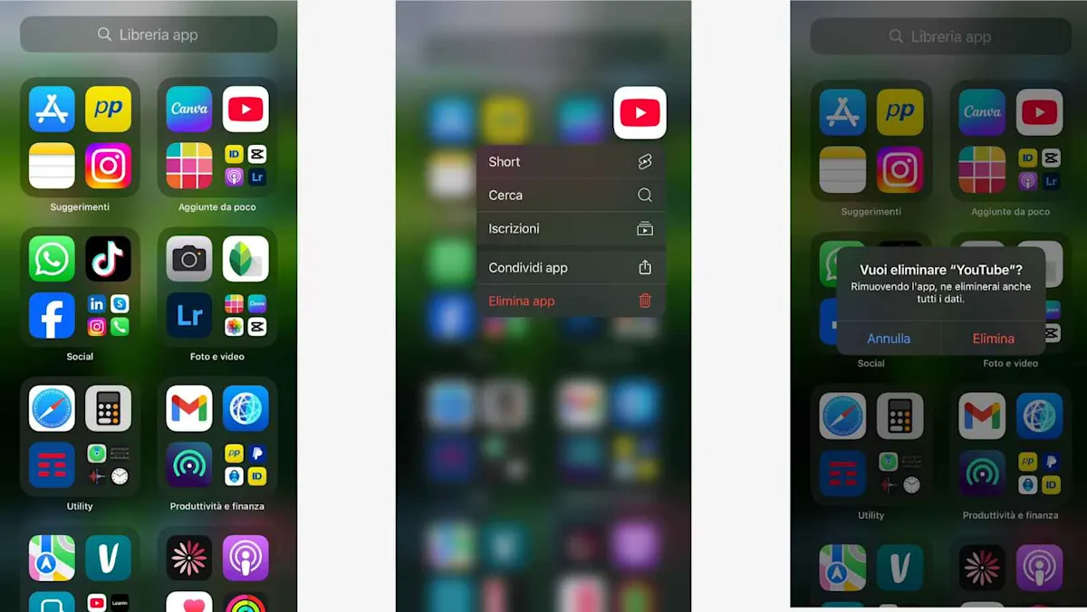 Tre schermate di iPhone mostrano icone di app. Una mostra il menu di eliminazione dell'app YouTube. Un'altra chiede di confermare l'eliminazione.